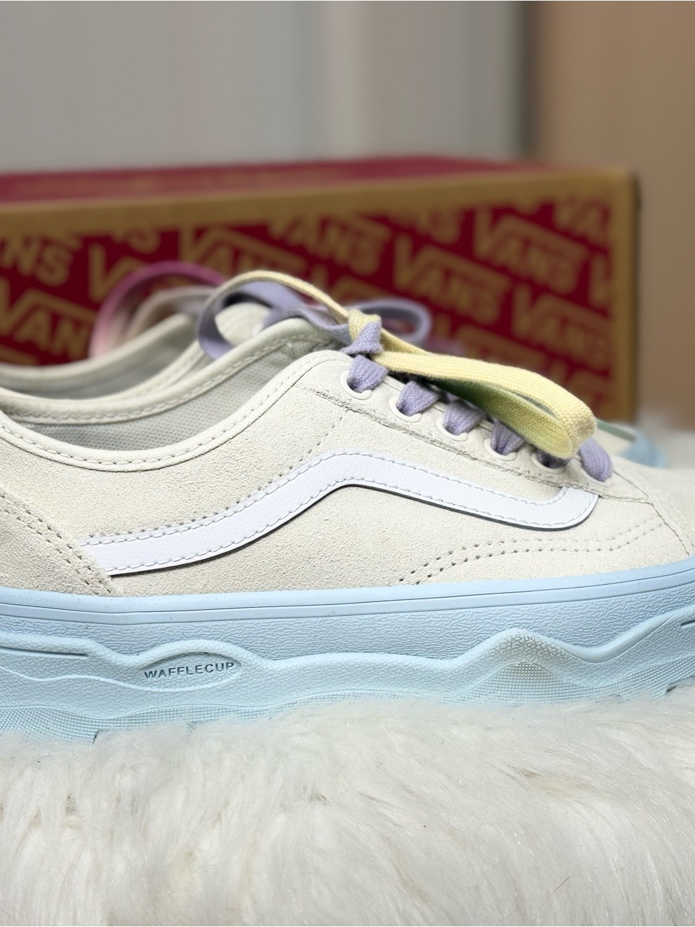 Vans Old Skool Platform Sneaker in Cream with Light Blue Sole and Pastel Laces